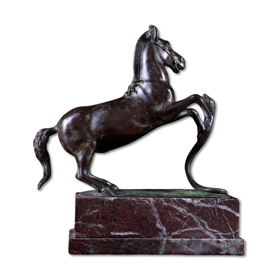 Grand Tour Equestrian Bronze sculpture showing a rearing horse evading a striking snake on a marble base.