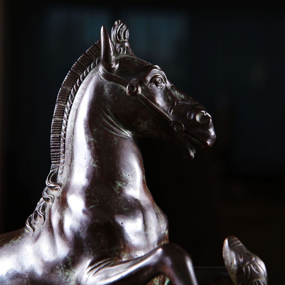 Grand Tour Equestrian Bronze sculpture of a rearing horse confronting a striking snake, symbolizing good versus evil.