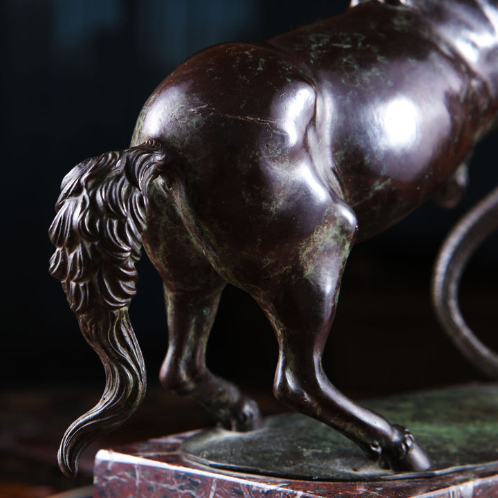 Grand Tour Equestrian Bronze showing detailed rear of horse rearing on marble base in dramatic battle with snake.
