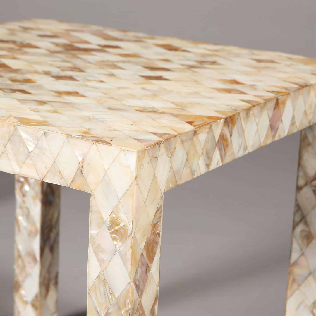 Pair Mughal style Mother of Pearl Square End Tables with polished abalone shell veneer, India circa 2000, 51 cm square.