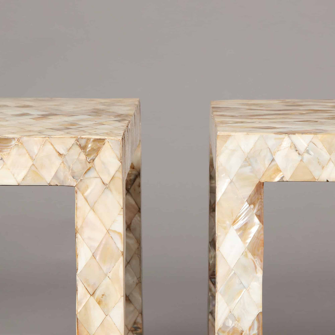 Pair Mughal style Mother of Pearl Square End Tables with polished abalone shell veneer, India circa 2000, 51 cm each side.