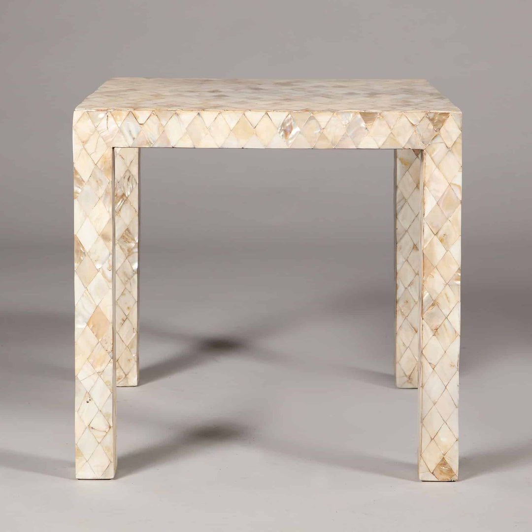 Pair Mughal style Mother of Pearl Square End Tables featuring polished abalone shell veneer, 51 cm cube, India circa 2000