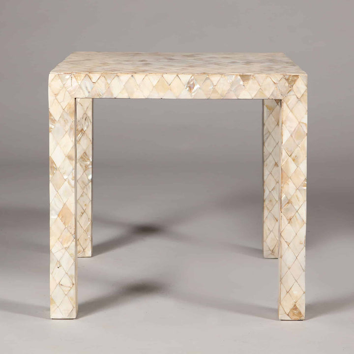 Pair Mughal style Mother of Pearl Square End Tables featuring polished abalone shell veneer, 51 cm cube, India circa 2000