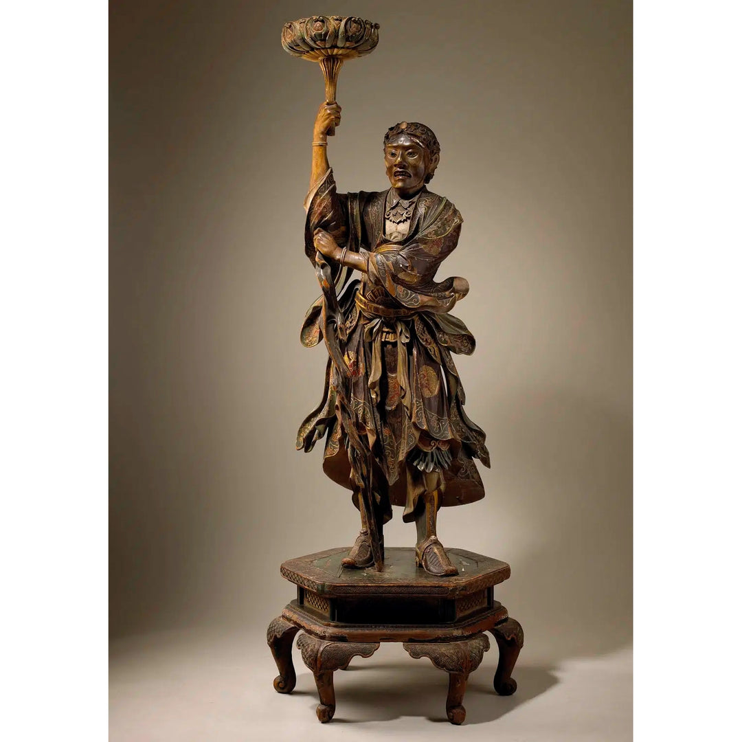 Japanese Temple Guards | Shūkongōshin life-size Kamakura cedarwood statue from circa 1850 with detailed polychrome finish.