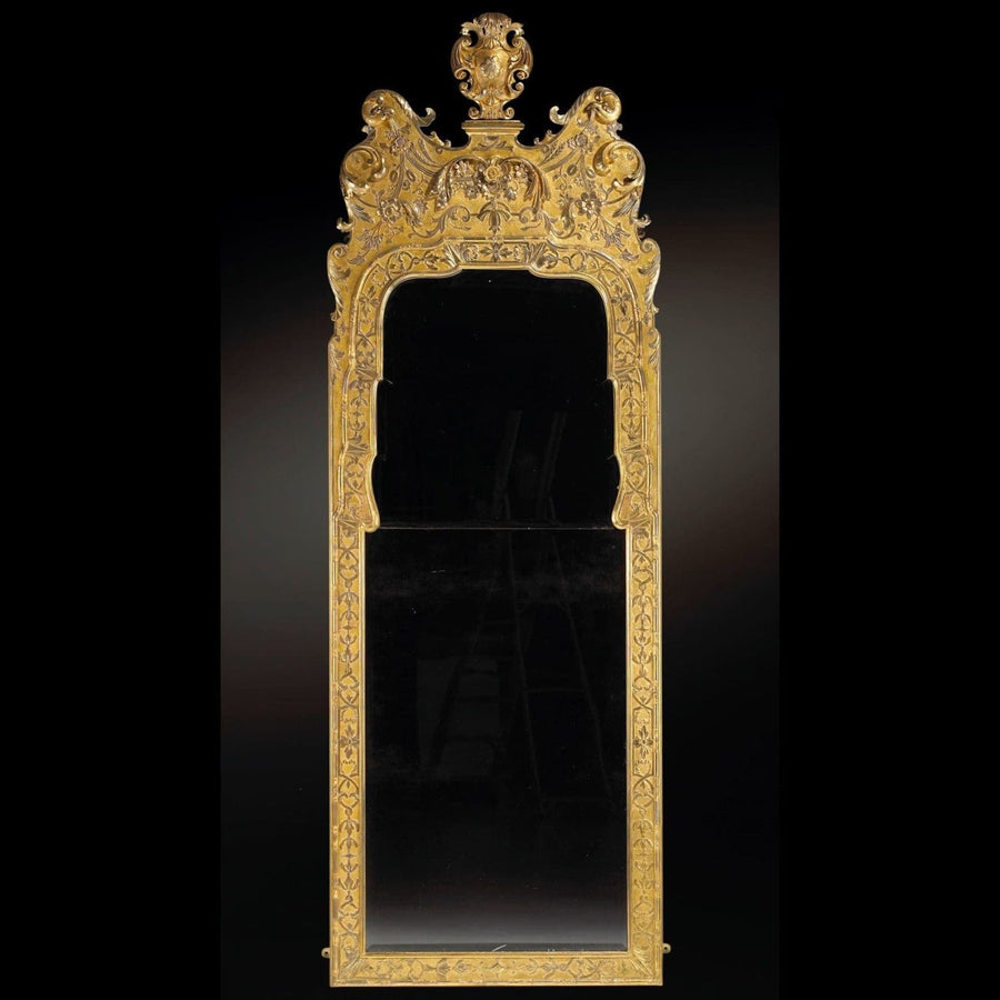 George I Gesso Pier Mirror with gilt gesso frame, intricate strapwork, floral details, and split beveled mirror plates.