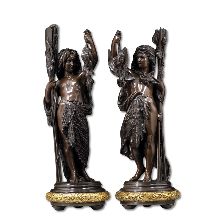 Carrier-Belleuse bronze sculpture depicting allegory of hunting and fishing, French art circa 1865, 55 cm tall including base.