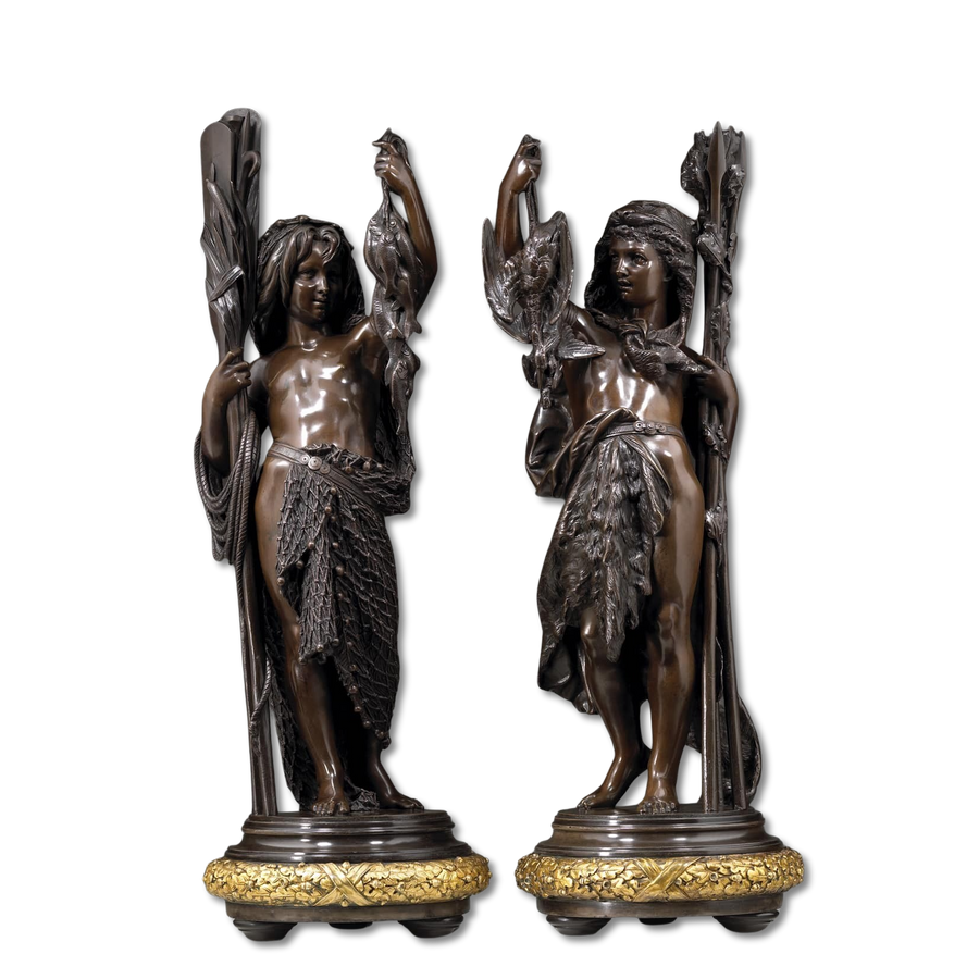 Carrier-Belleuse bronze sculpture depicting allegory of hunting and fishing, French art circa 1865, 55 cm tall including base.