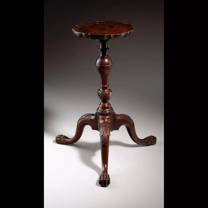 George III Mahogany Kettle Stand, rare mid-18th-century tripod stand with piecrust top and claw feet.