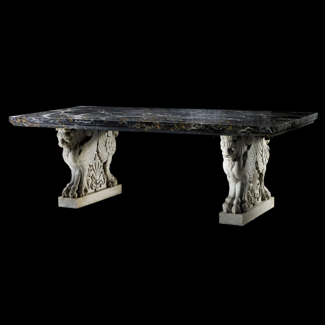 Portoro Marble End Support Table with carved lion monopodia supports and solid Portoro marble top, Italy circa 1900