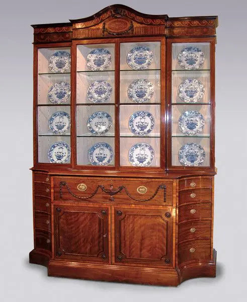 Ince and Mayhew George III Secretaire Breakfront Bookcase with glazed doors and intricate mahogany marquetry detailing.