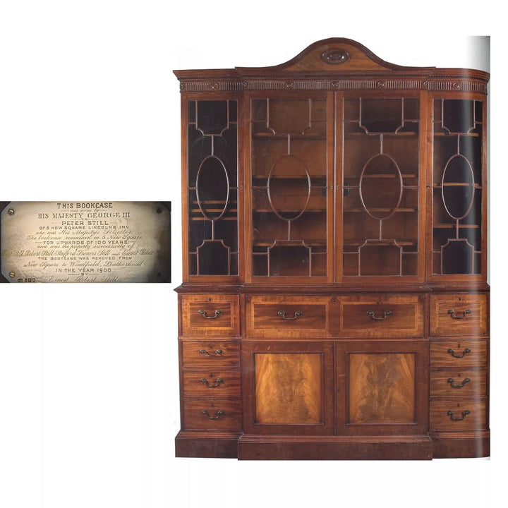 Ince and Mayhew George III Secretaire Breakfront Bookcase mahogany with marquetry glazed doors and multiple drawers circa 1775