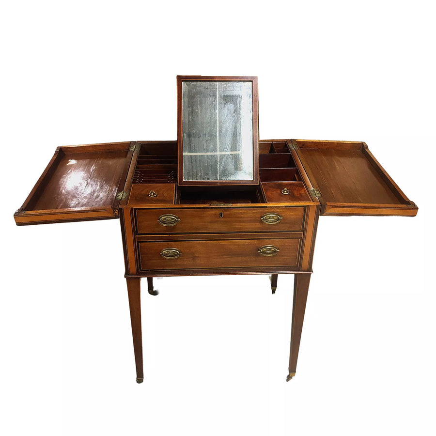 George III Dressing Table Commissioned by Sir Joshua Reynolds with folding lid and central beveled mirror circa 1790.