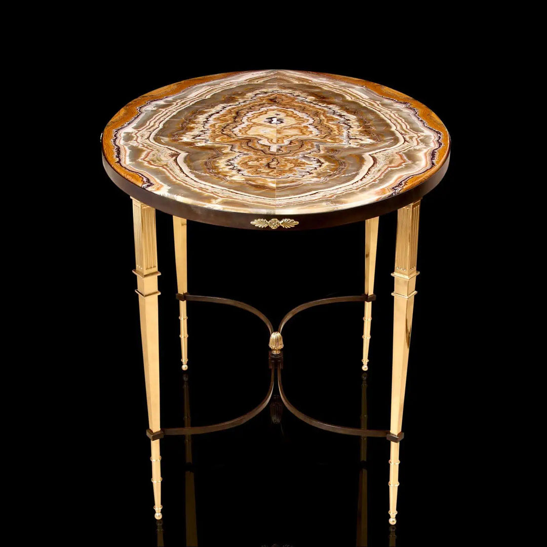 Bronze Oval Centre Table with polished Alabastro Fiorito top and gilt patinated bronze oval base in Art Deco style.