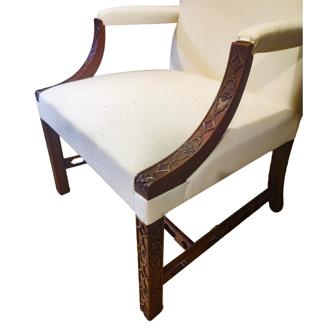Pair of George III Library Armchairs with carved wood arms and cream upholstery from Collection CK10 circa 1770 England