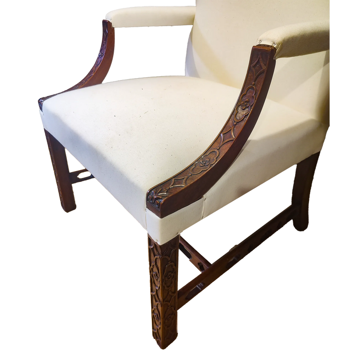 Pair of George III Library Armchairs with carved wood arms and cream upholstery from Collection CK10 circa 1770 England
