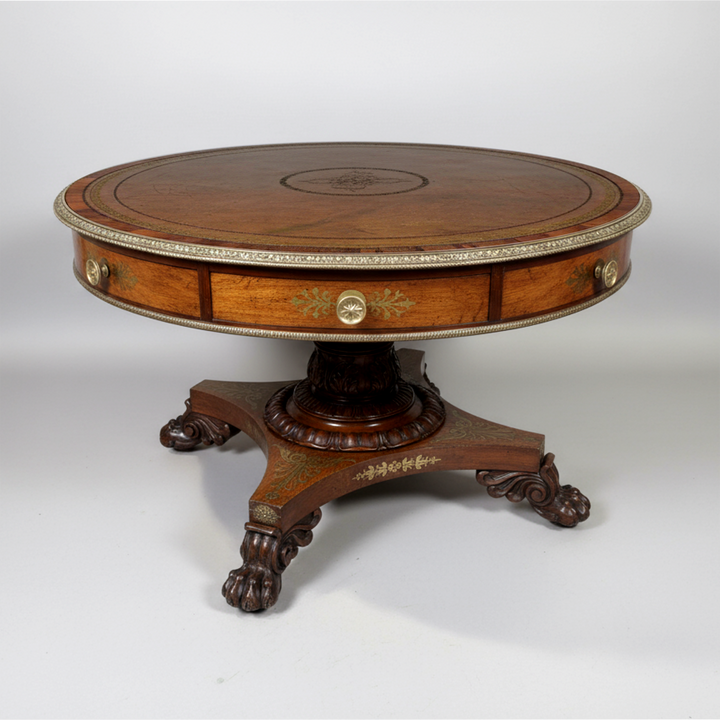 William IV rosewood centre table with brass inlay and paw feet from Collection CK40, circa 1830 England