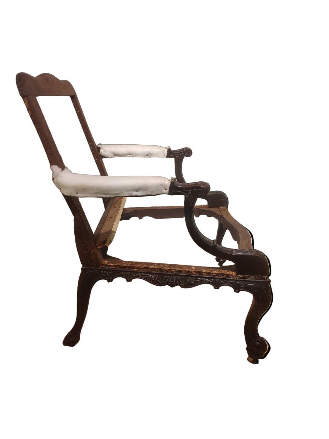 Pair of elegant Gainsborough library chair frames with intricate carvings by Collection CK40, side view without upholstery