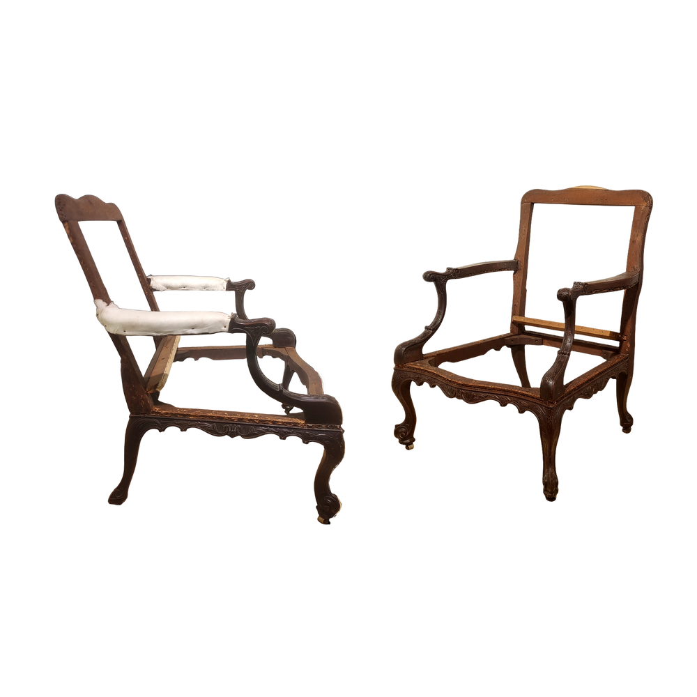 Pair of elegant Gainsborough library chair frames with detailed woodwork by Collection CK40, height 98cm, width 75cm, depth 81cm