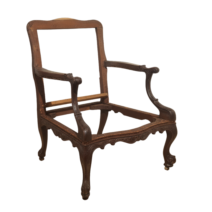 Pair of intricately carved Gainsborough library chair frames by Collection CK40 with elegant curved arms and detailed legs.