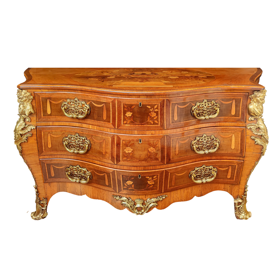 Elegant Dutch 18th century bombe commode with marquetry, bronze mounts, and serpentine top from Collection CK40 circa 1750