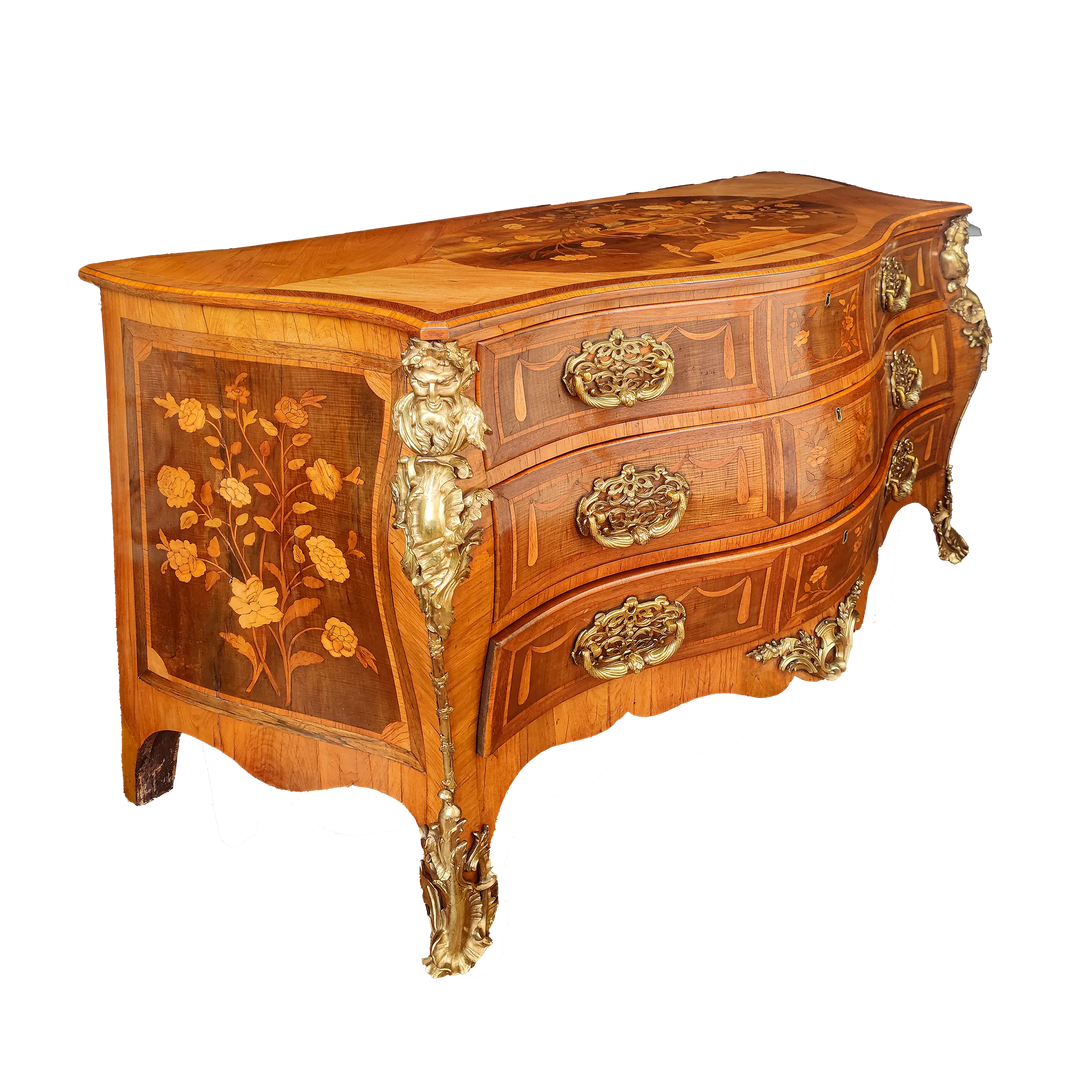 Louis XV marquetry commode with gilt lacquered mounts and floral panels by Collection CK10, Dutch design