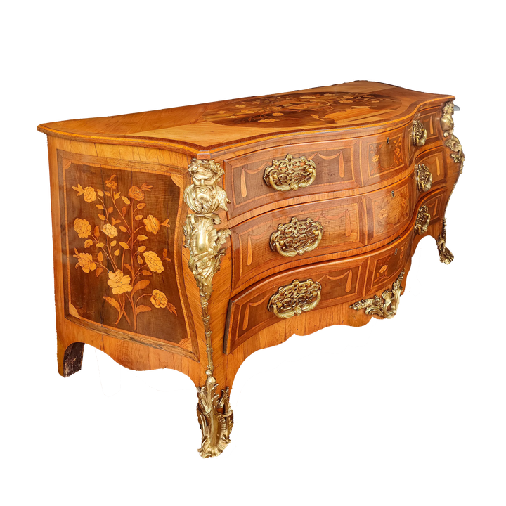 Louis XV marquetry commode with gilt lacquered mounts and floral panels by Collection CK10, Dutch design