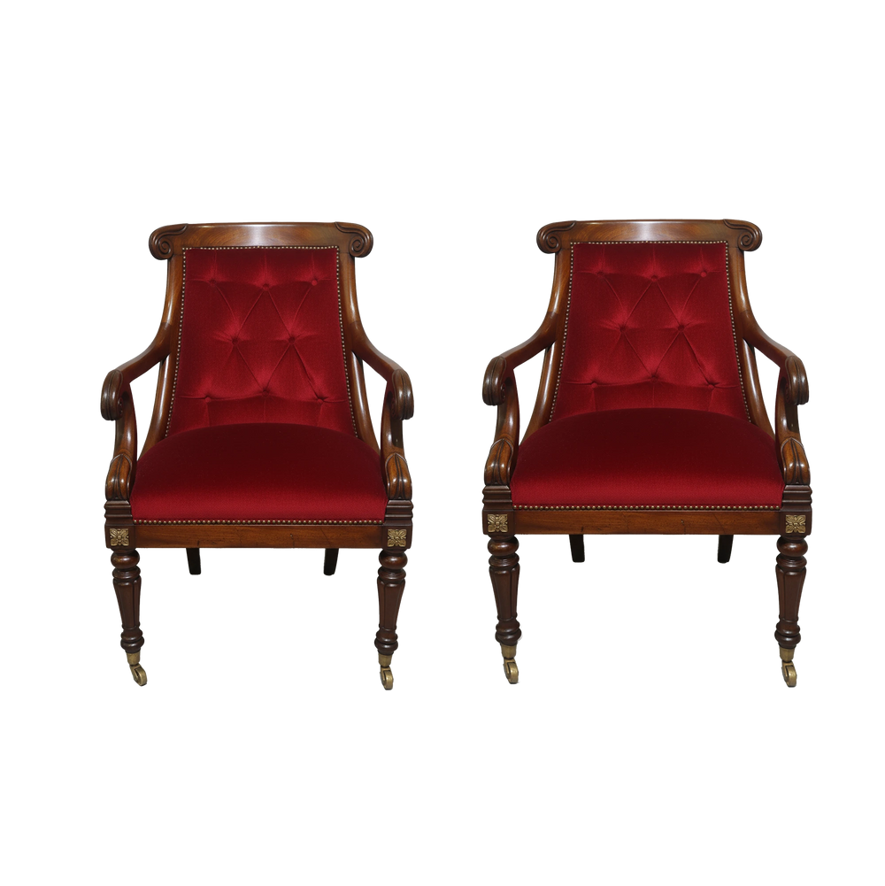 Pair of Regency mahogany tub chairs with red velvet upholstery and scroll arms from Collection CK40