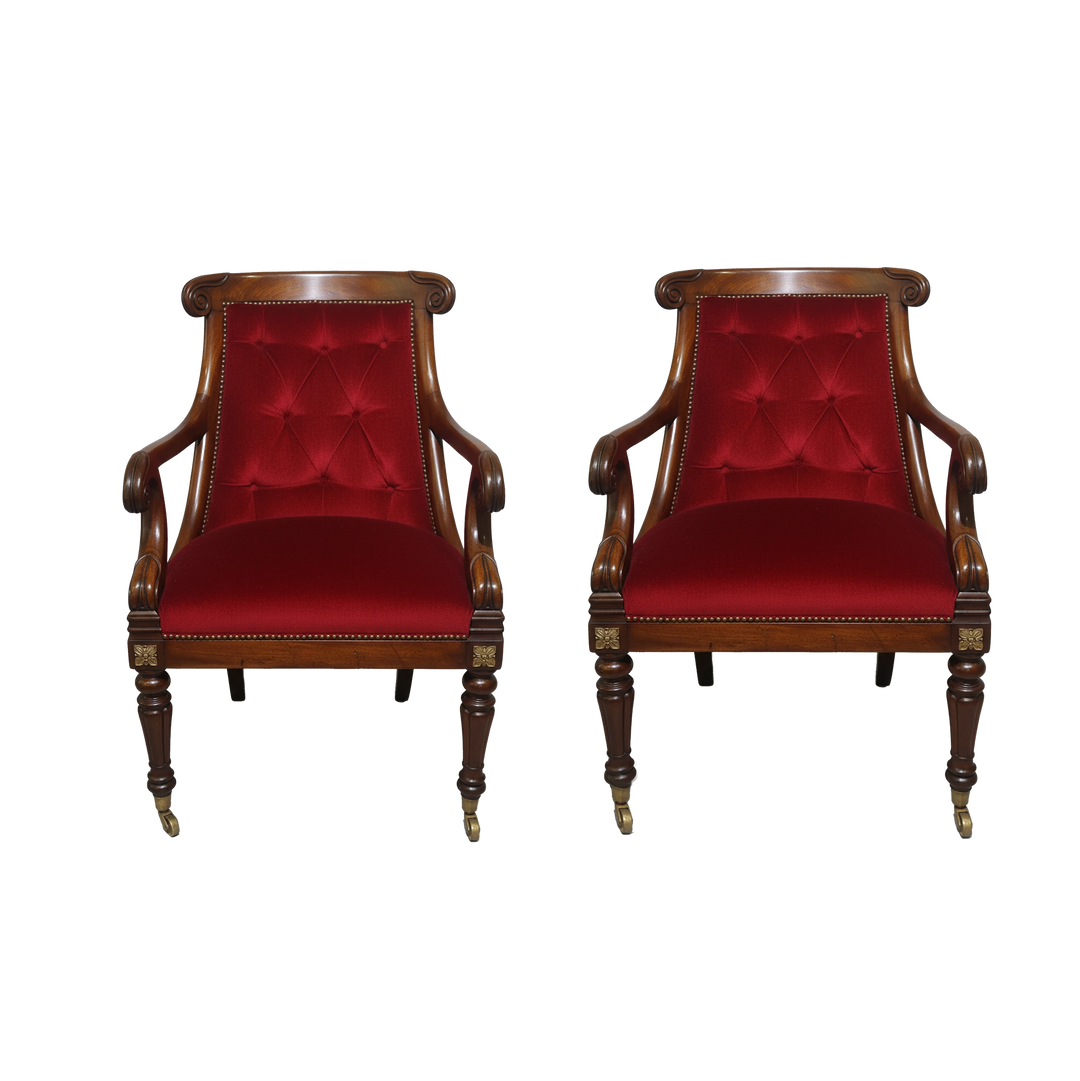 Pair of Regency mahogany tub chairs with red velvet upholstery and scroll arms from Collection CK40