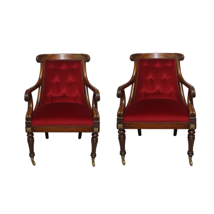 Pair of Regency mahogany tub chairs with red velvet upholstery and scroll arms from Collection CK40