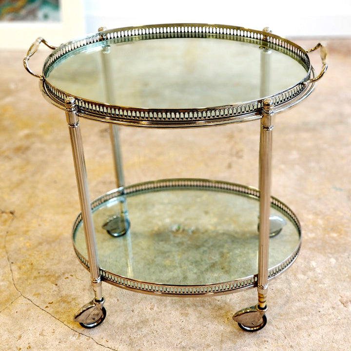 Vintage Maison Jansen drinks trolley with silvered brass frame and glass shelves by Nicholas Wells Antiques