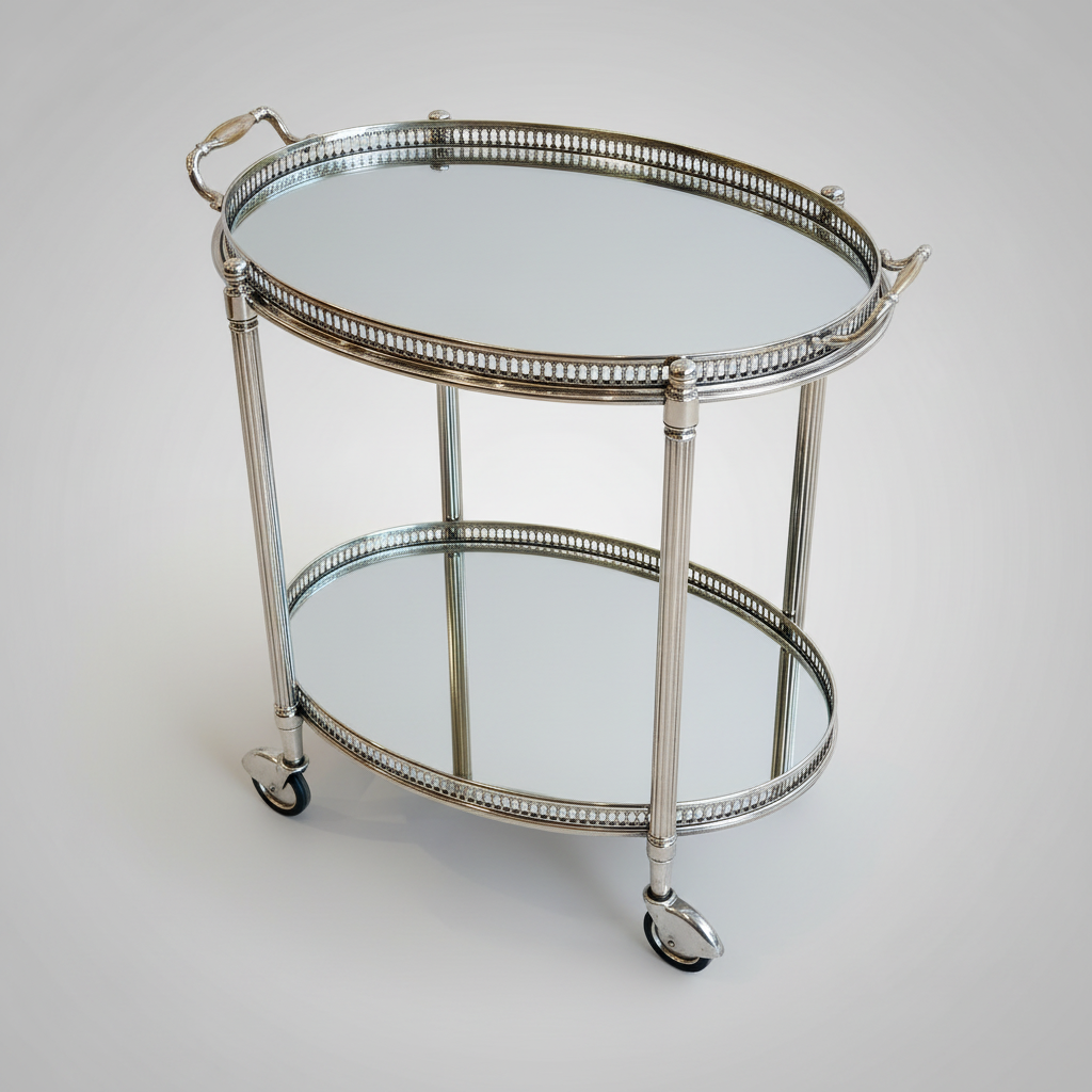 Vintage Maison Jansen silvered brass drinks trolley on wheels from Nicholas Wells Antiques with mirrored shelves