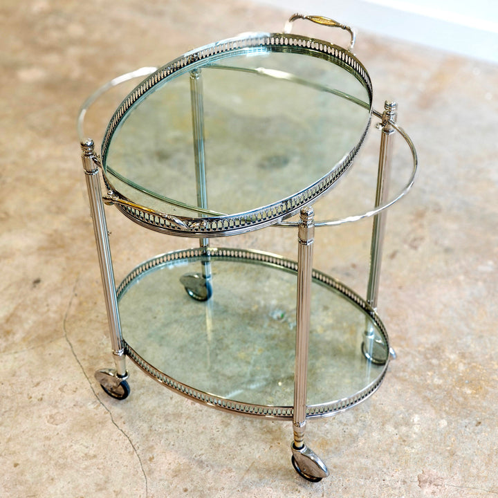 Vintage Maison Jansen silvered brass drinks trolley on wheels, mid-century modern style by Nicholas Wells Antiques