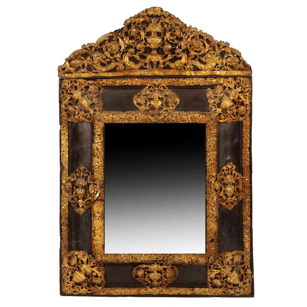 Flemish Wall Mirror with embossed brass decoration, crest with vase flanked by hippocampi and cornucopia, circa 1850