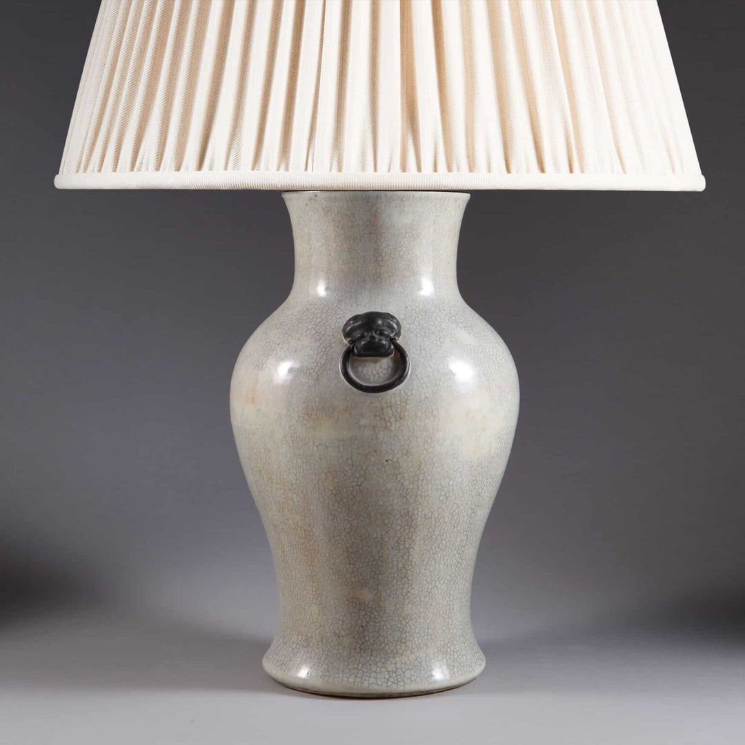 Chinese Crackle Glazed Vase Mounted as a Table Lamp with white shade and antique crackle glaze finish.