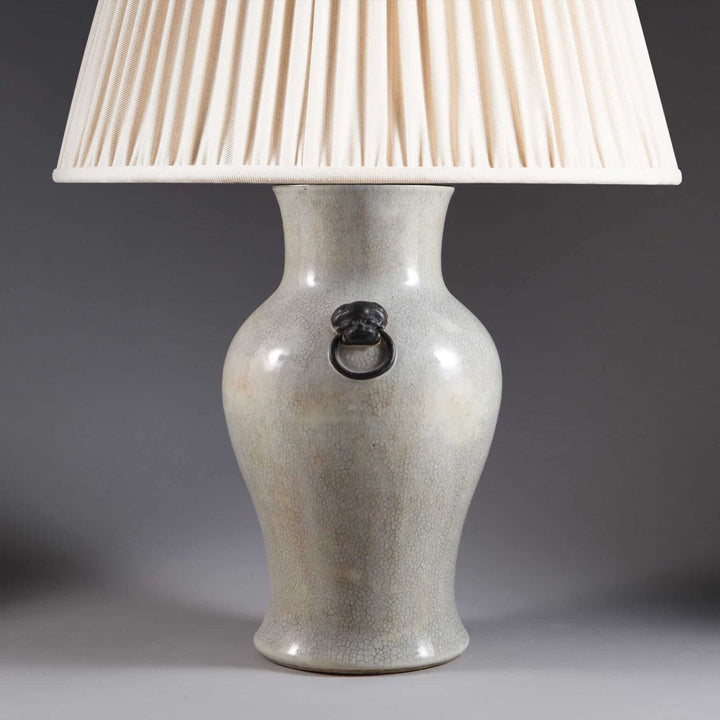 Chinese Crackle Glazed Vase Mounted as a Table Lamp with white shade and antique crackle glaze finish.