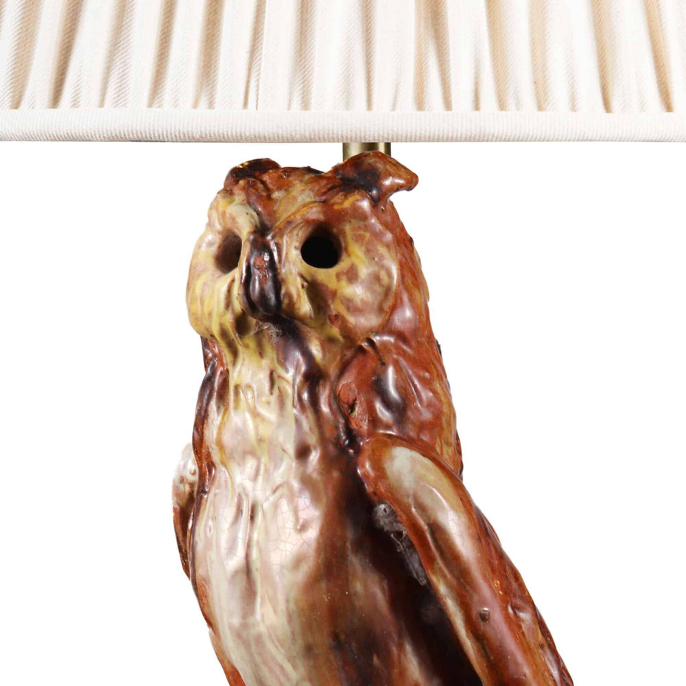 Pottery Owl Lamp features a 19th-century brown and green glazed ceramic owl, antique French table lamp circa 1900.