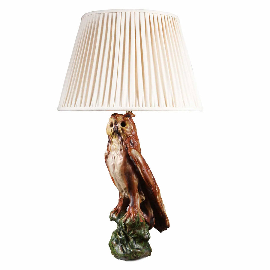 Pottery Owl Lamp vintage 19th-century ceramic brown green glazed owl table lamp with white fabric shade