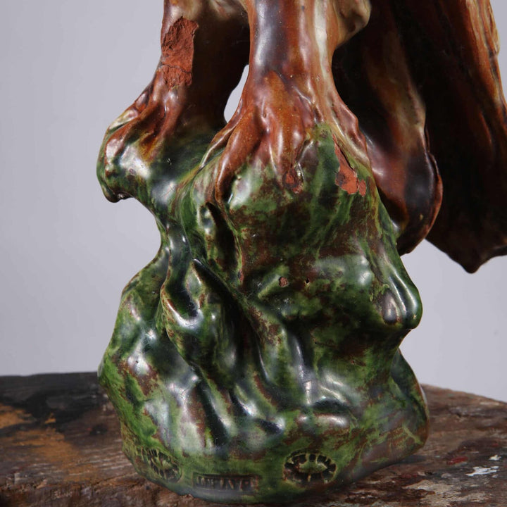 Pottery Owl Lamp showing detailed ceramic base with green and brown glaze, antique owl table lamp circa 1900 France.