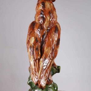 Pottery Owl Lamp, 19th-century ceramic brown and green glazed owl table lamp, antique French decor circa 1900.