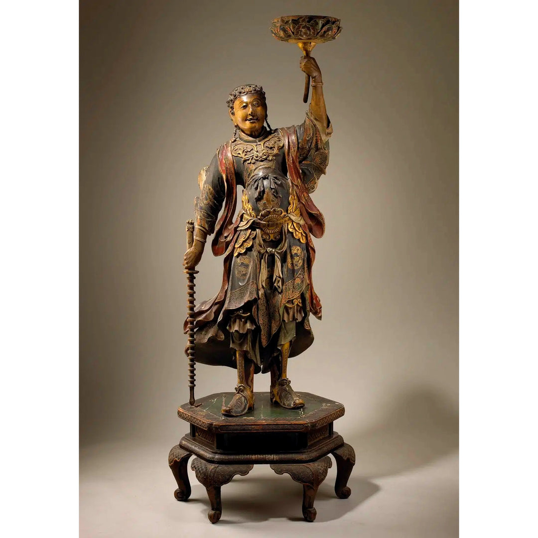 Japanese Temple Guards Shūkongōshin life size Kamakura cedarwood statue with polychrome detailing circa 1850