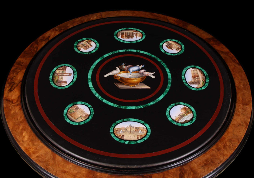 Grand Tour Micro Mosaic Table Attributed to Cesare Roccheggiani featuring detailed micromosaic Roman landmarks on a round top.