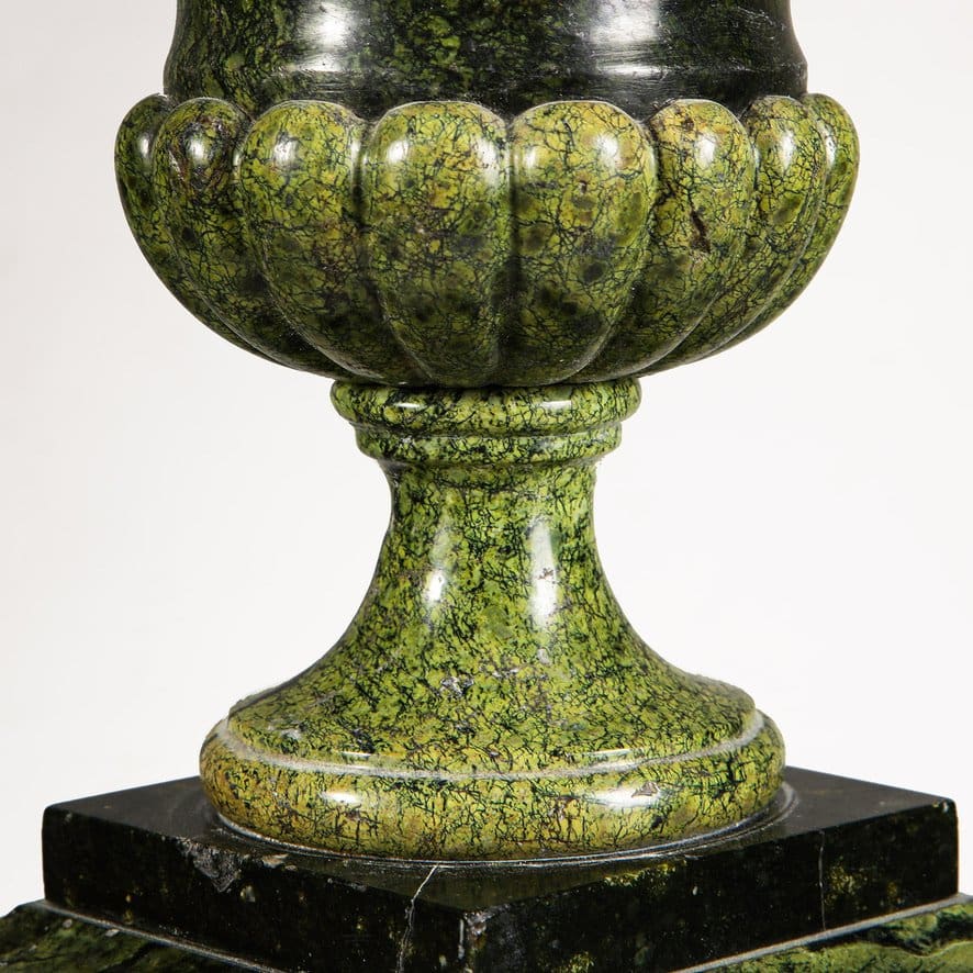 A remarkable green Alps Jade campagna vase on stand