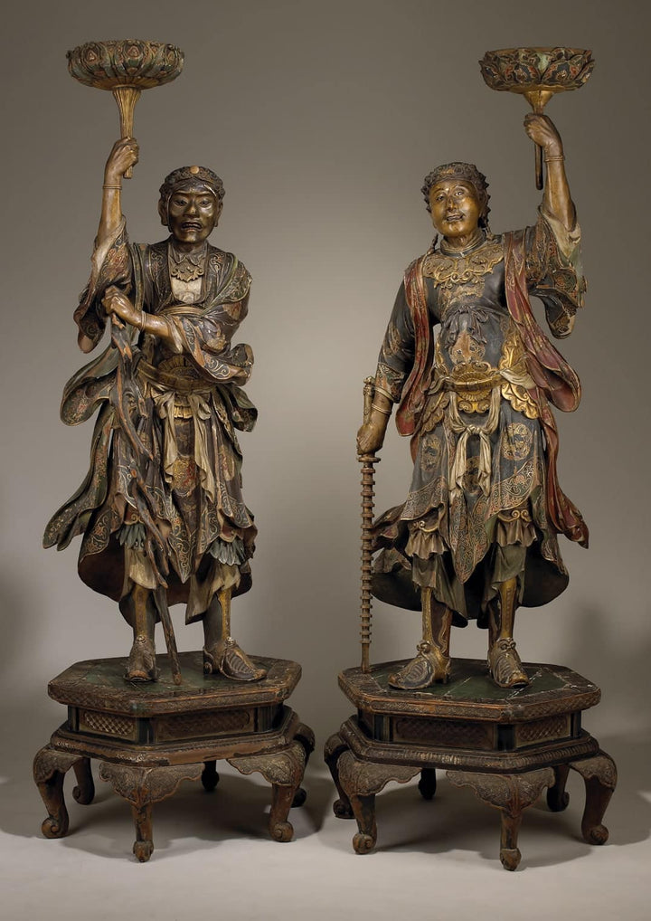 Japanese Temple Guards Shūkongōshin Kamakura cedarwood statues from 1850 with detailed polychrome finish.