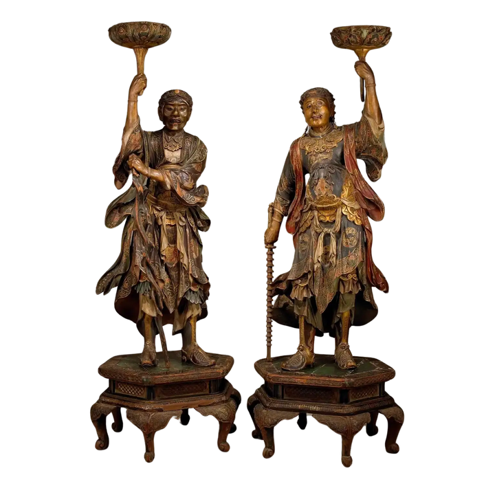 Japanese Temple Guards Shūkongōshin life-size Kamakura cedarwood statues detailed naturalism circa 1850