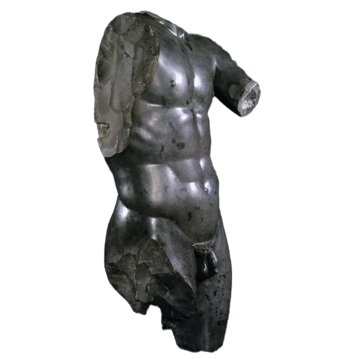 Black Basalt Statue : ‘The Scraper’ Torso : after Lysippos Apoxyomenos life-sized classical torso sculpture in black basalt.