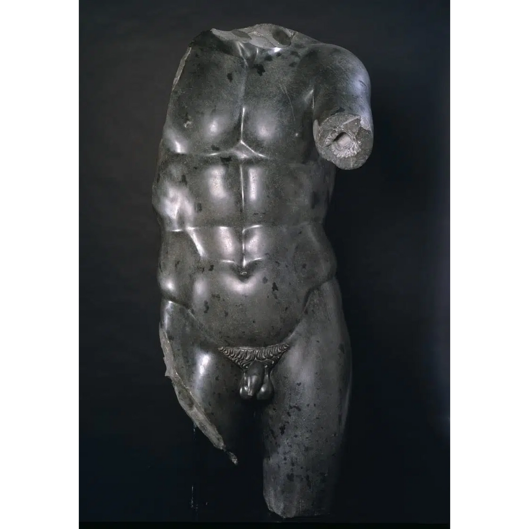 Black Basalt Statue : ‘The Scraper’ Torso : after Lysippos Apoxyomenos, life-sized carved black basalt torso sculpture.