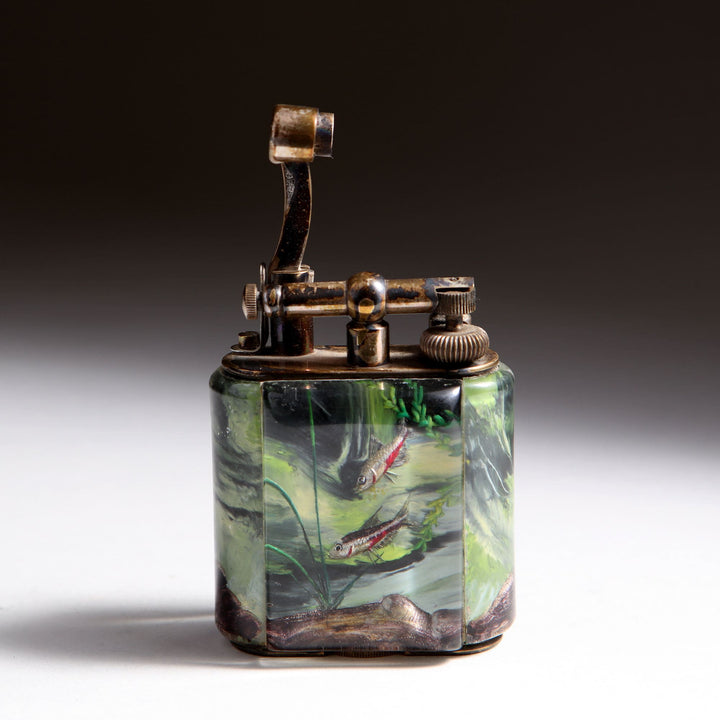 Vintage Dunhill Aquarium pocket lighter with reverse intaglio lucite panels, silver-plated brass mounts, Collection JA10