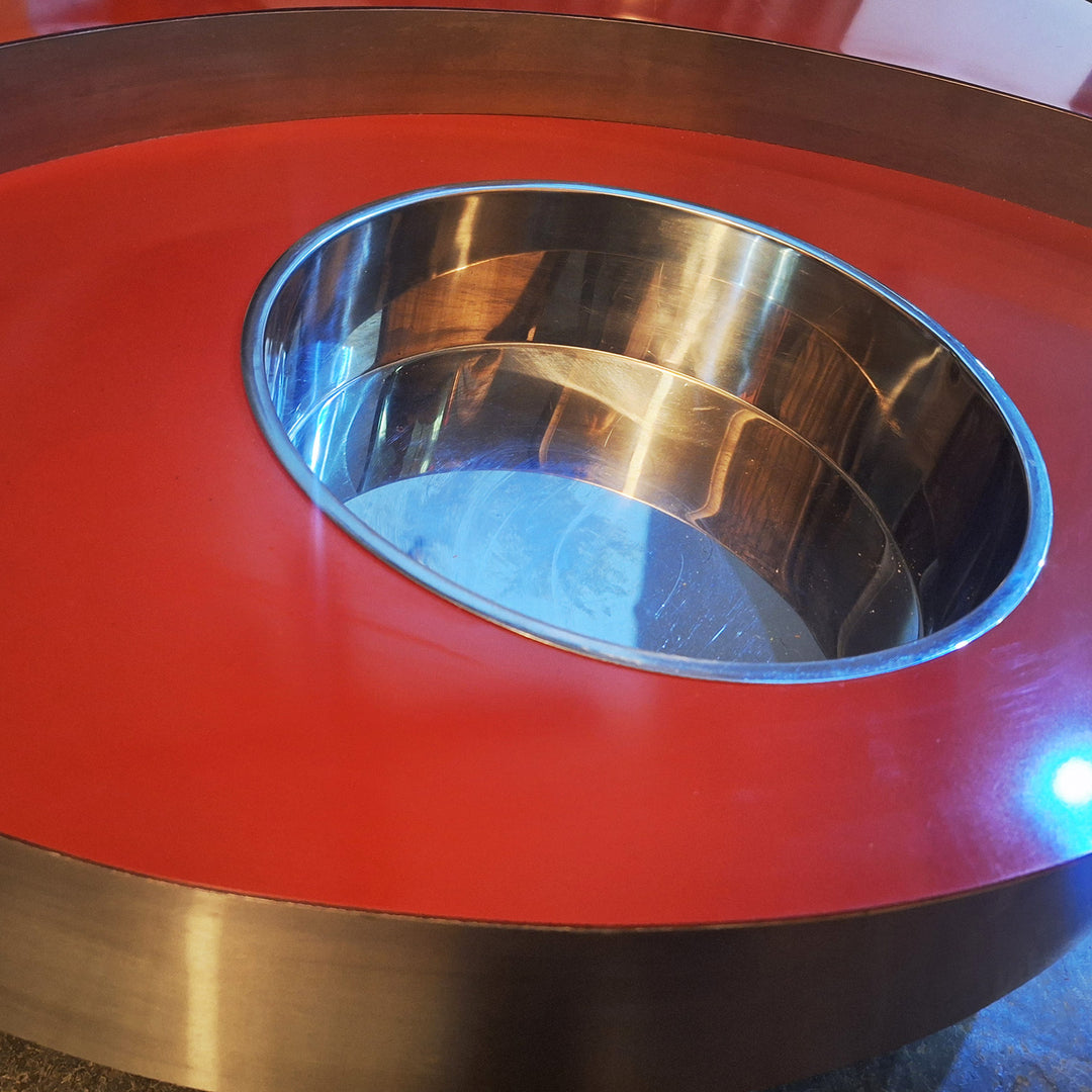 TRG Red Lacquer & Brushed Steel Cocktail Table by Willy Rizzo