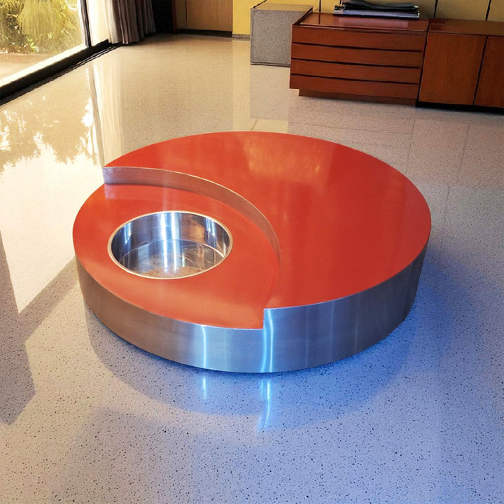 TRG Red Lacquer & Brushed Steel Cocktail Table by Willy Rizzo