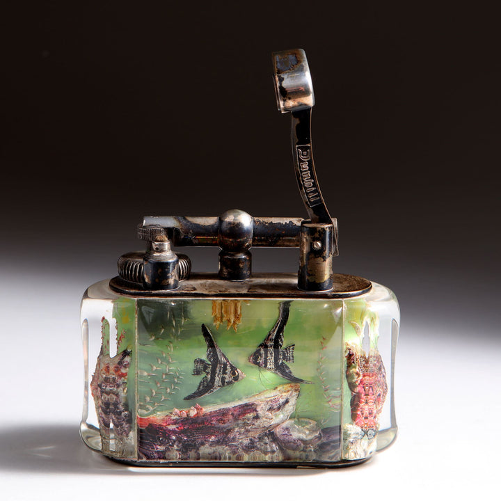 Dunhill Aquarium Table Lighter with scalar fish design in lucite and silver-plated brass by Collection JA10